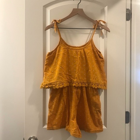 Aerie Golden Yellow Floral Embroidered Tie Strap Romper - Small - Picture 7 of 7